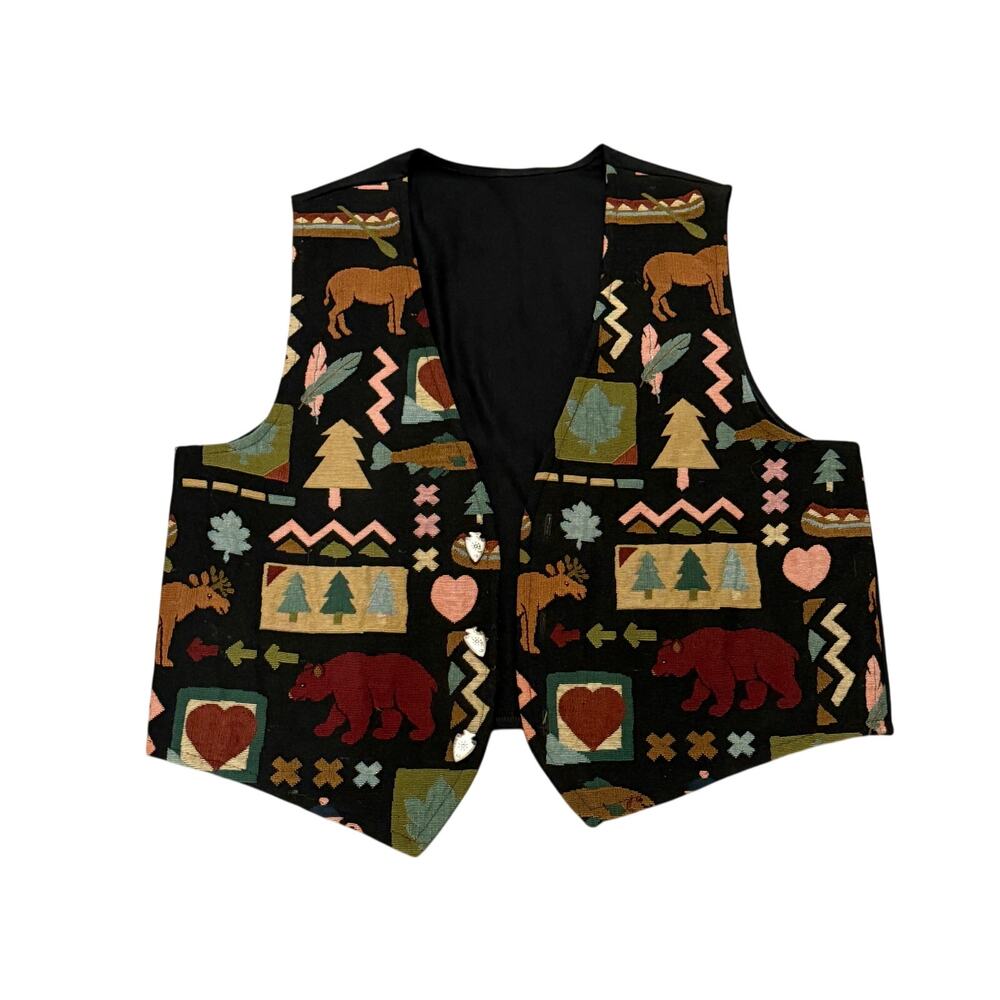 Tapestry Vest Black Moose Bear Trees Novelty Fish Buttons XL Cabincore Outdoors